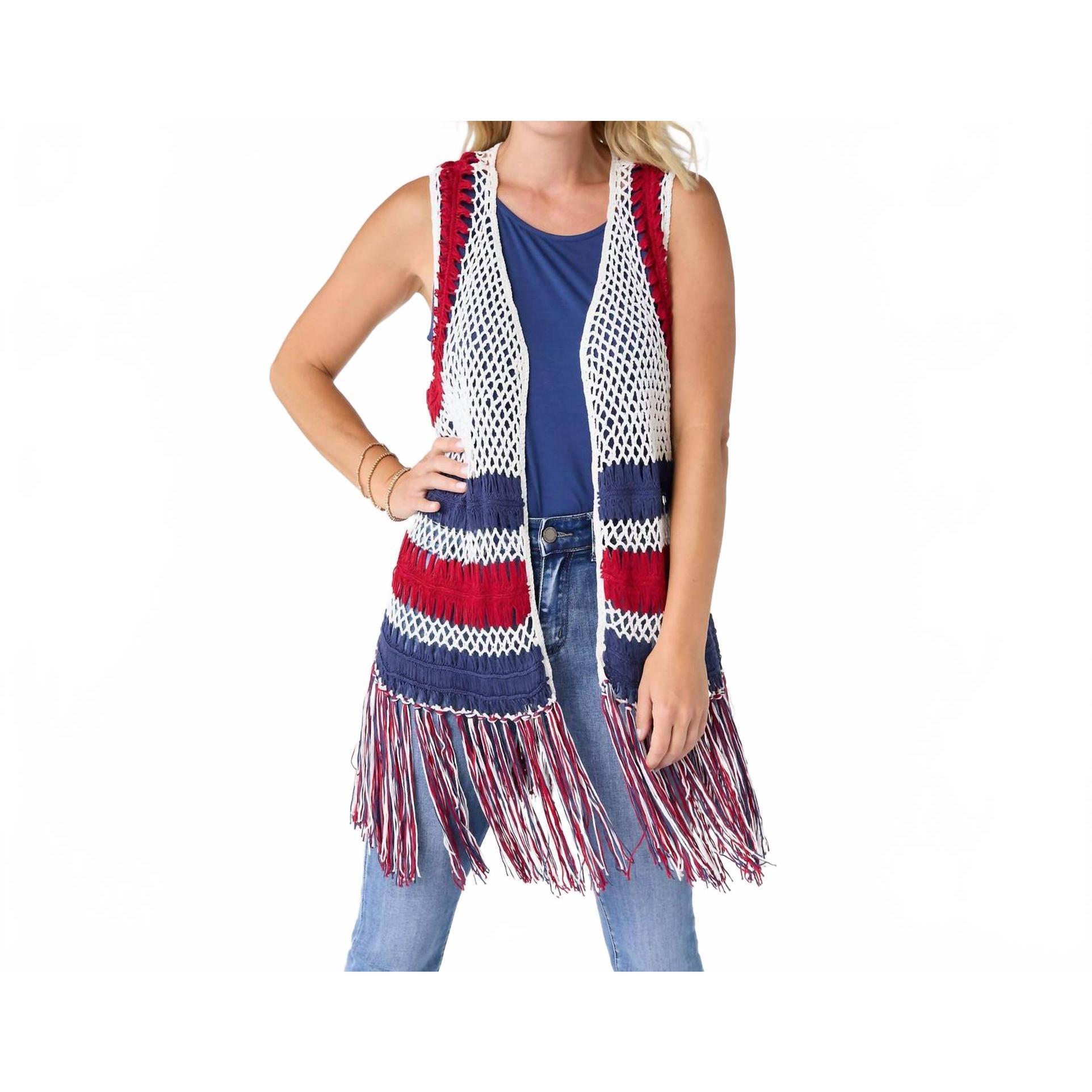 New Coco + Carmen Victory Cotton Crochet Fringe Vest Americana Patriotic In Red/
